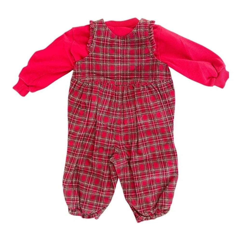 Retro Baby Girl Red Plaid Corduroy Romper and Turtleneck